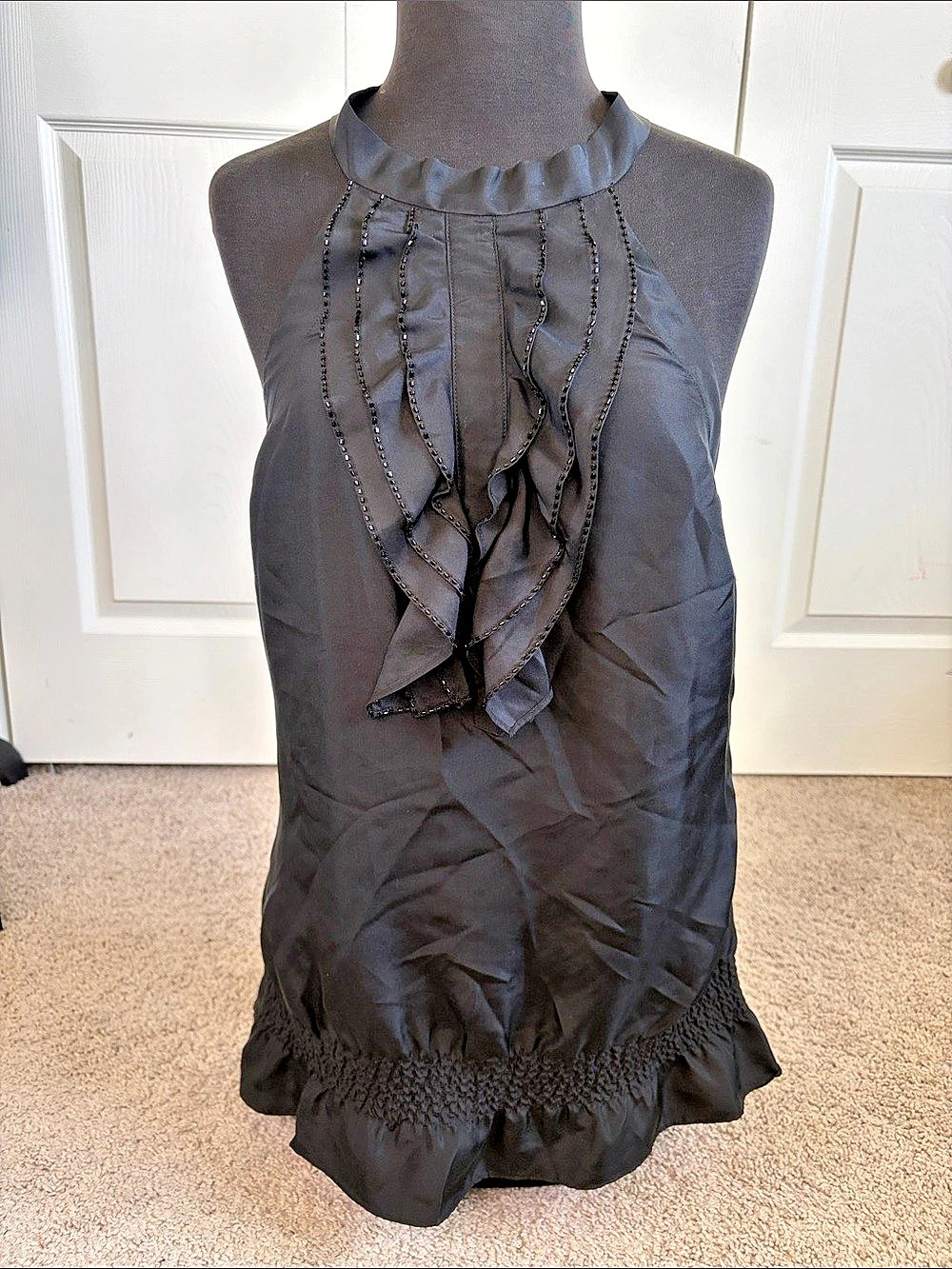 Ted Baker Black Silk Beaded Ruffle Halter Top TB 2 US6 Evening Cocktail
